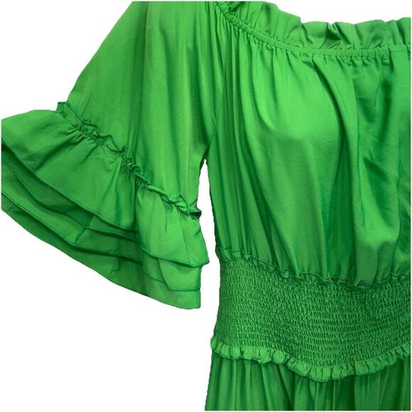 Wishing Waves Women's Dress Large Kelly Green Smocked tiered Ruffle Boho Resort - Picture 3 of 9